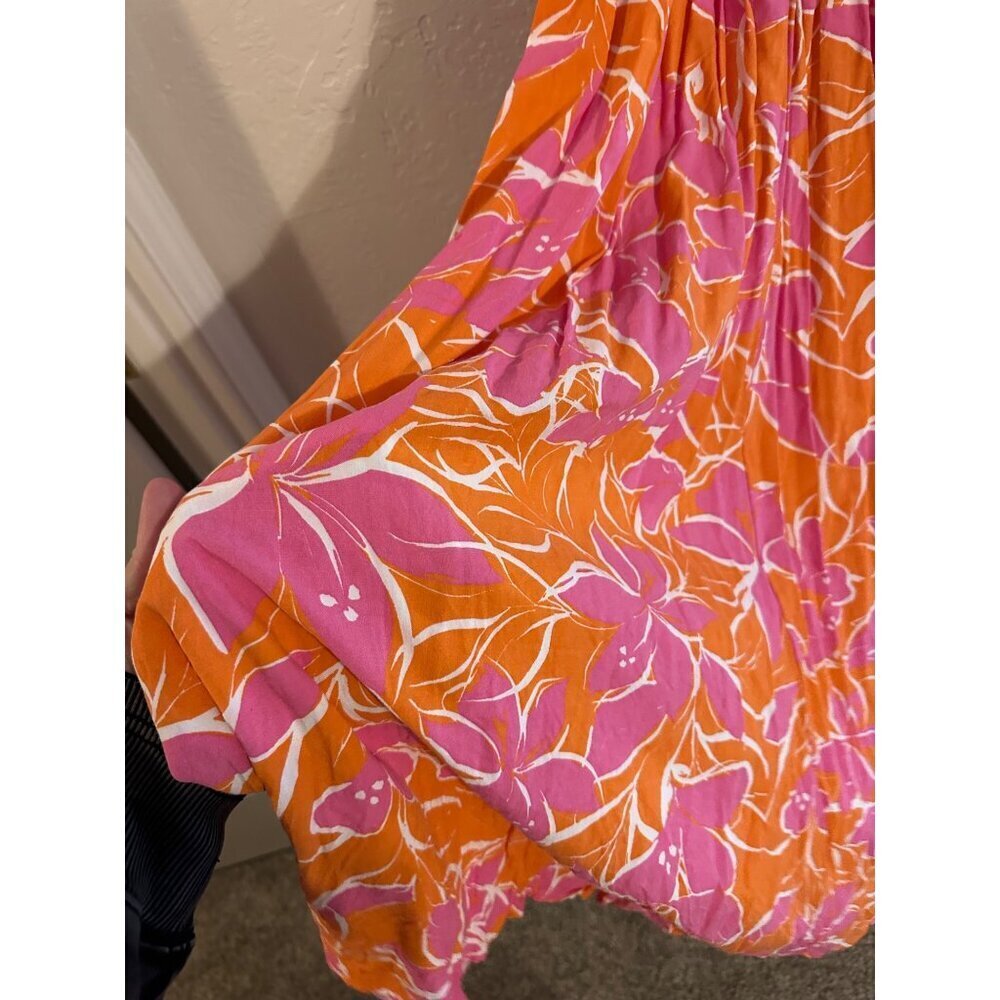 Y Japna Rayon Orange & Pink Beachy Crinkle Floral Print Feminine Spring Dress - Picture 3 of 9